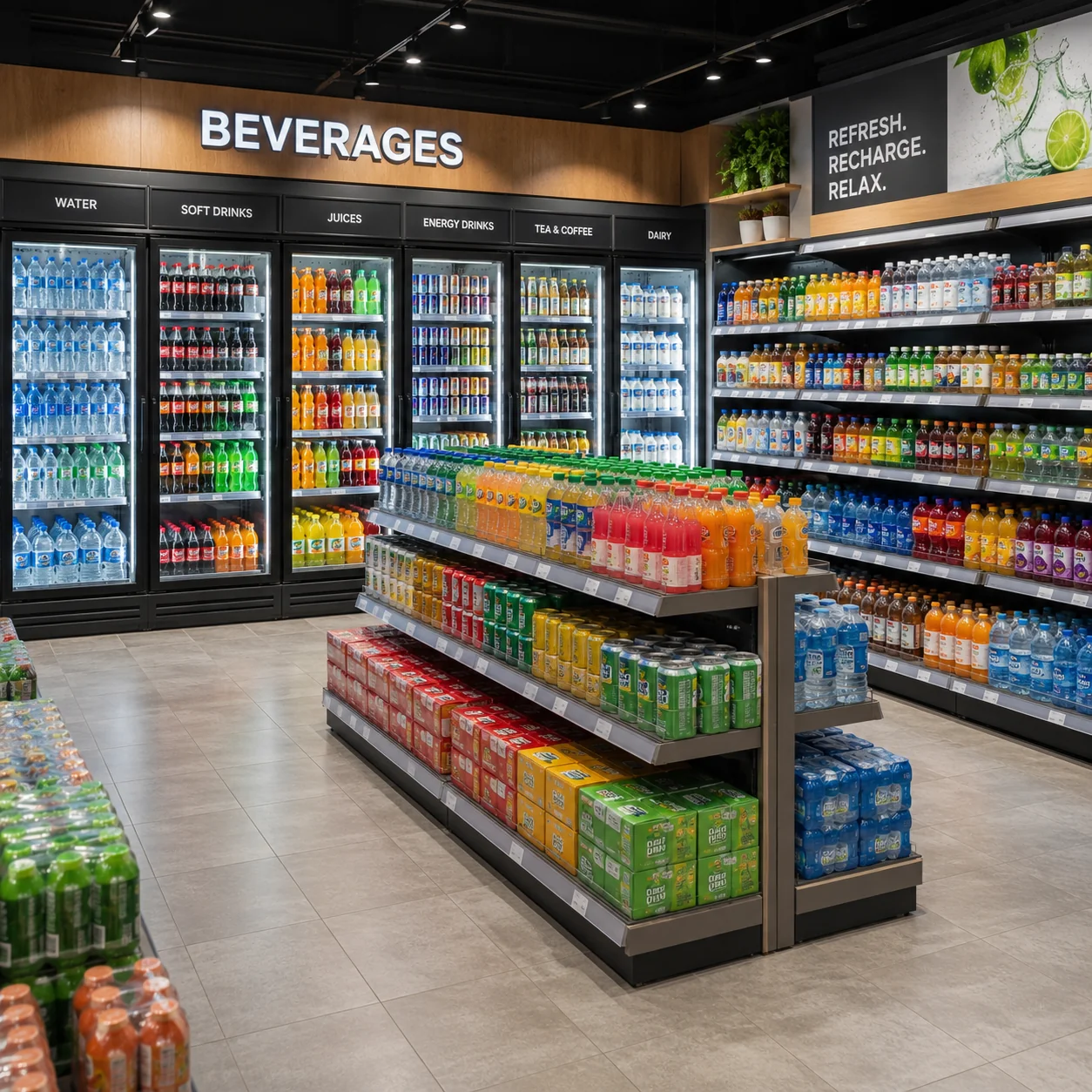 Commercial beverage cooler for beverage retail areas