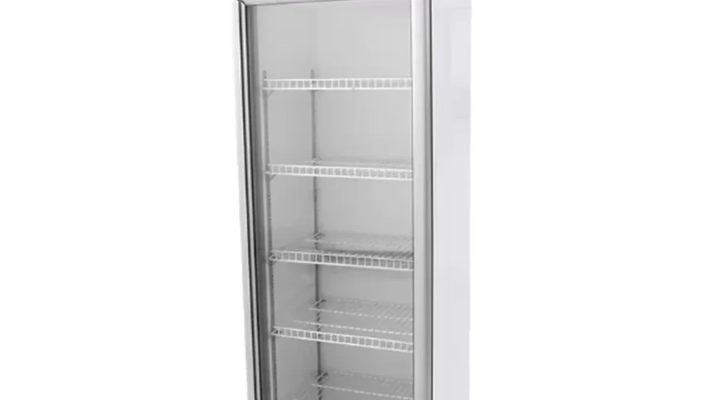 Single-door commercial glass-door beverage cooler with adjustable shelves
