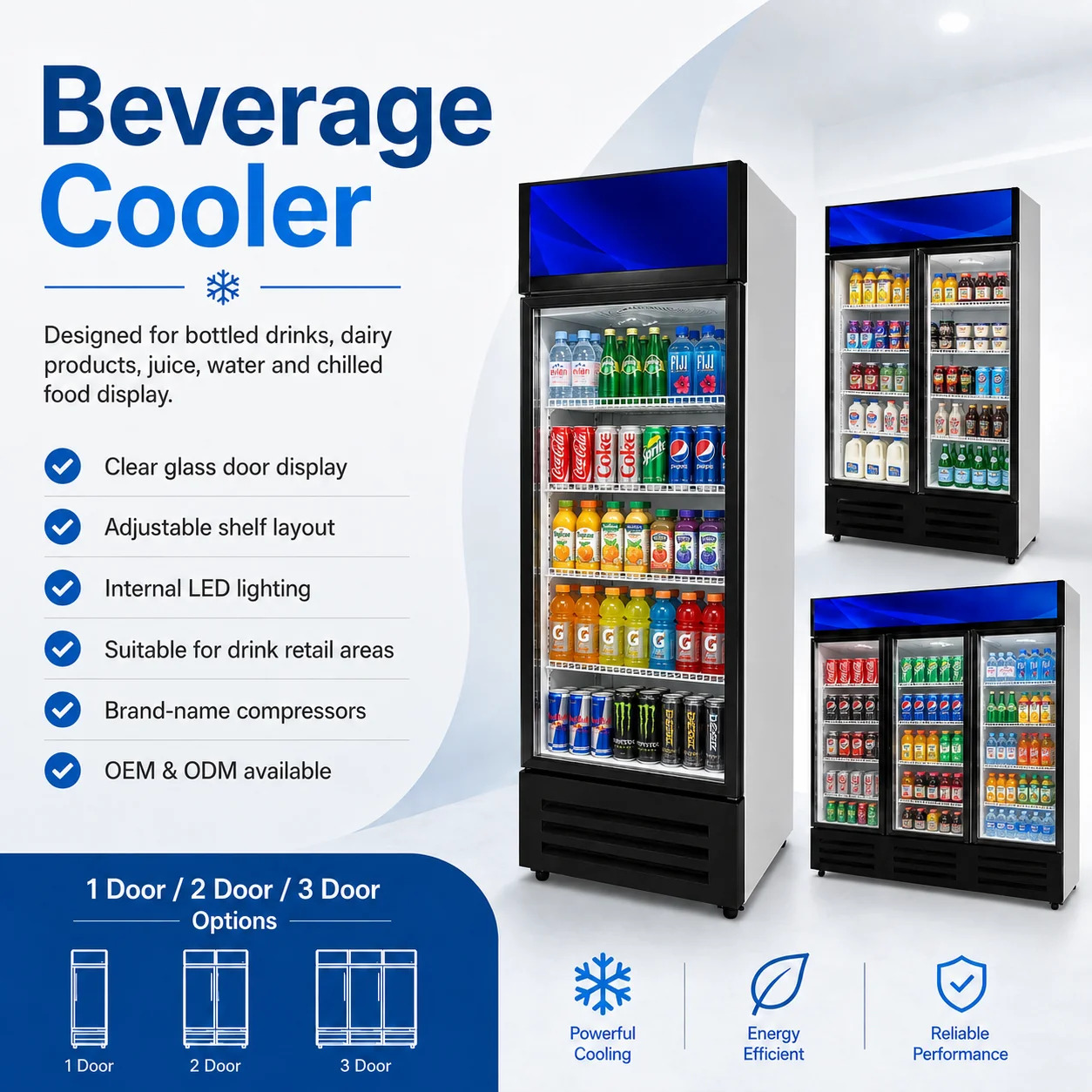 Commercial beverage cooler for chilled beverage display