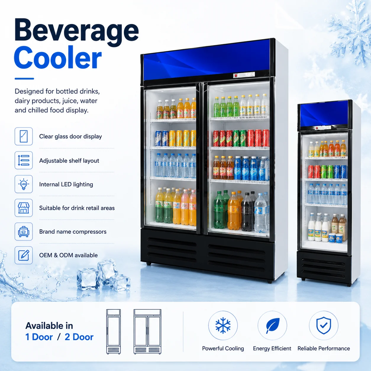 Commercial beverage cooler for retail drink display