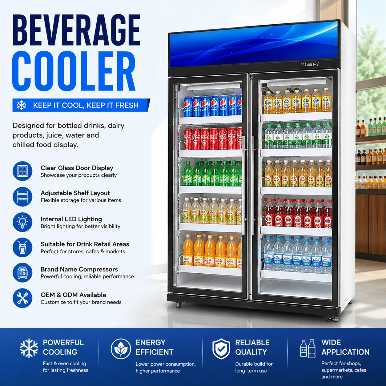 Commercial beverage cooler for bottled drink display
