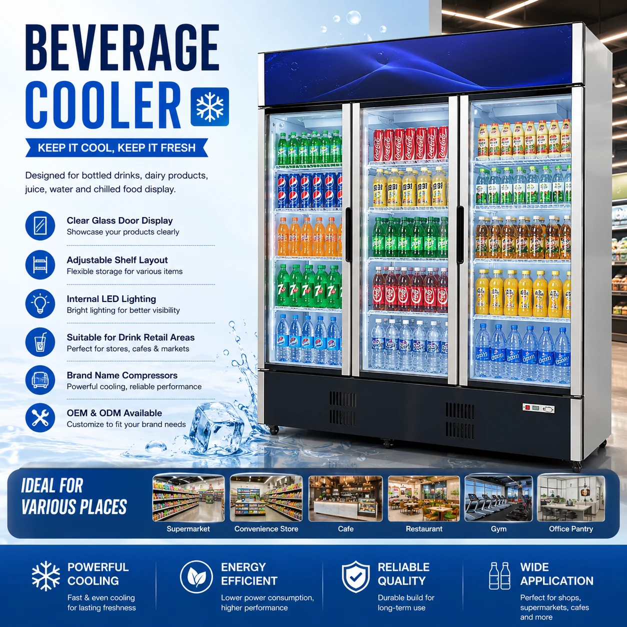 Commercial beverage cooler for chilled drink display