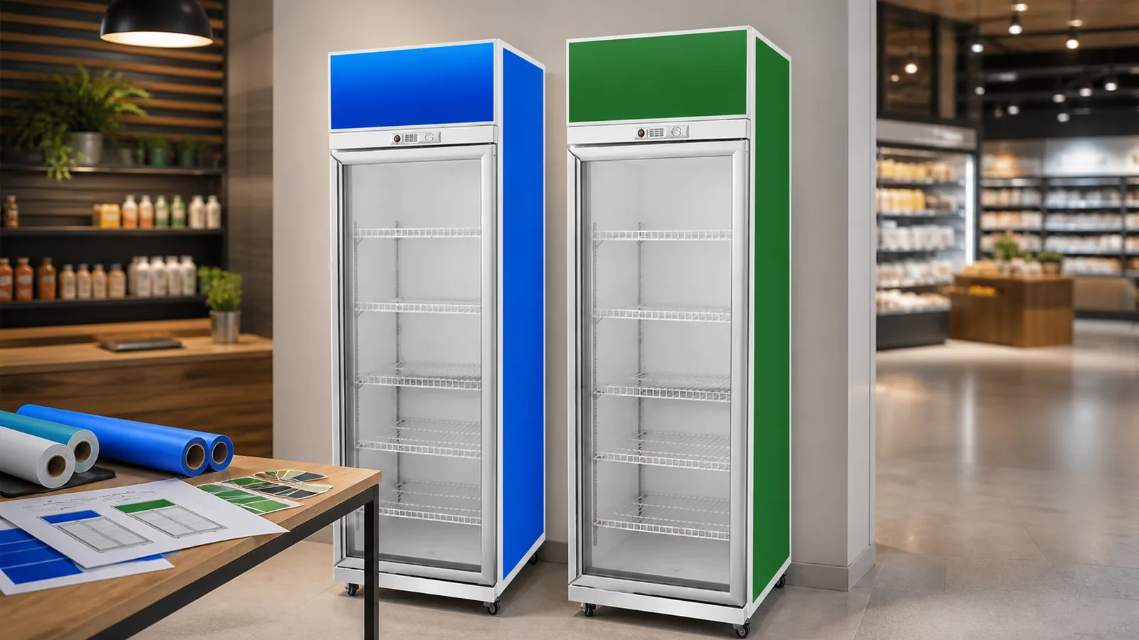 One-door glass beverage cooler during a clean abstract retail artwork changeover