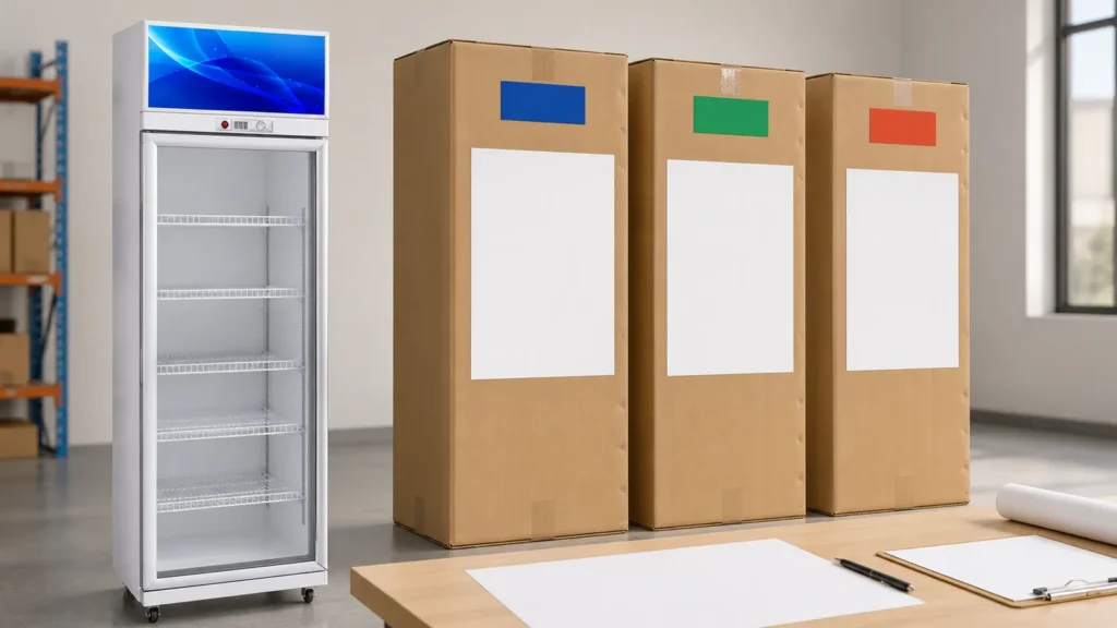 Plain beverage cooler shipping cartons with controlled blank label areas beside a one-door cooler