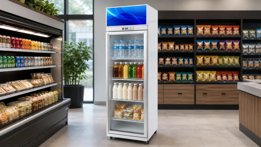 One-door beverage cooler organized into drinks dairy and chilled snack shelf zones