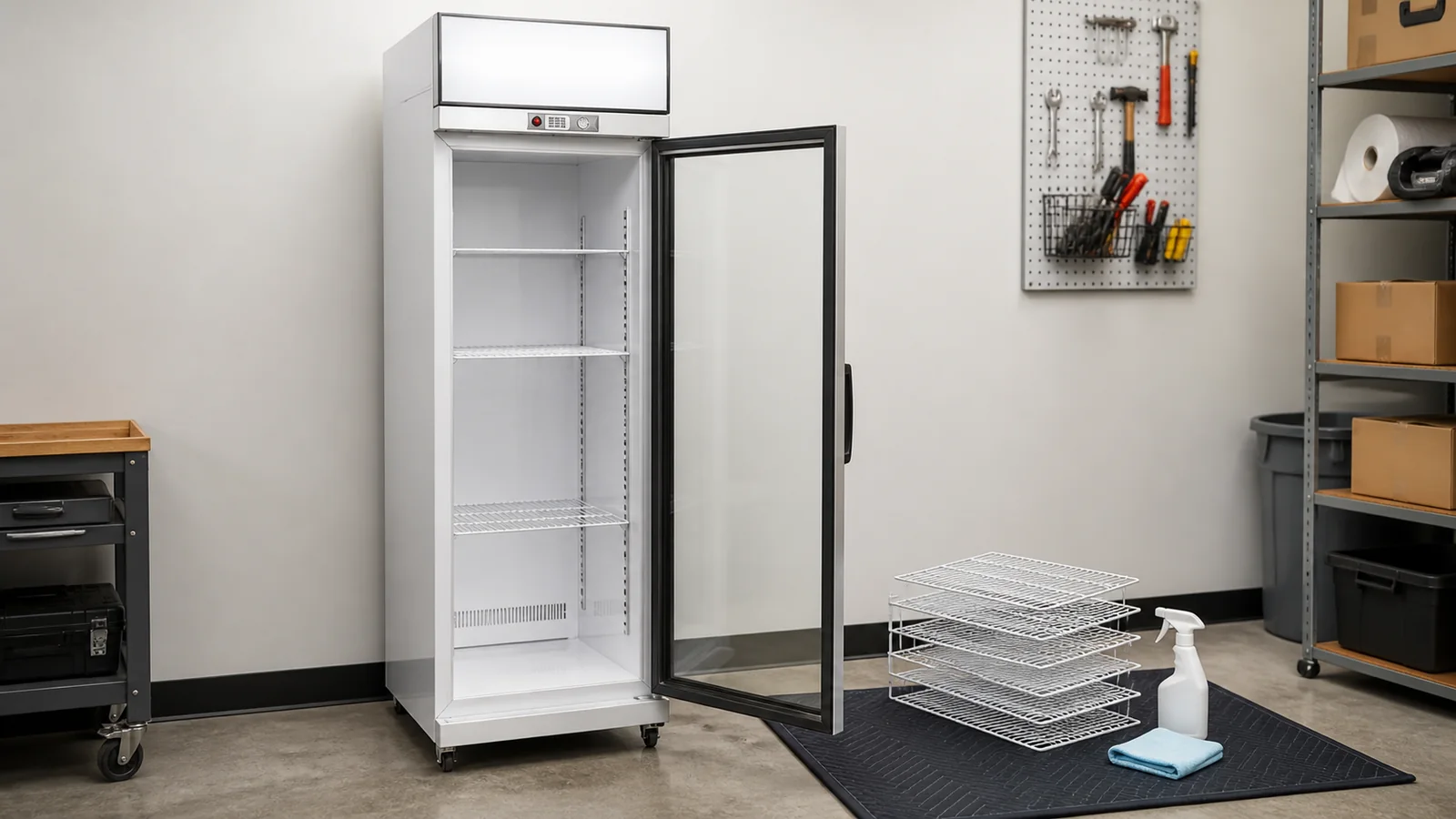 One-door glass beverage cooler with open door and removable shelves prepared for cleaning