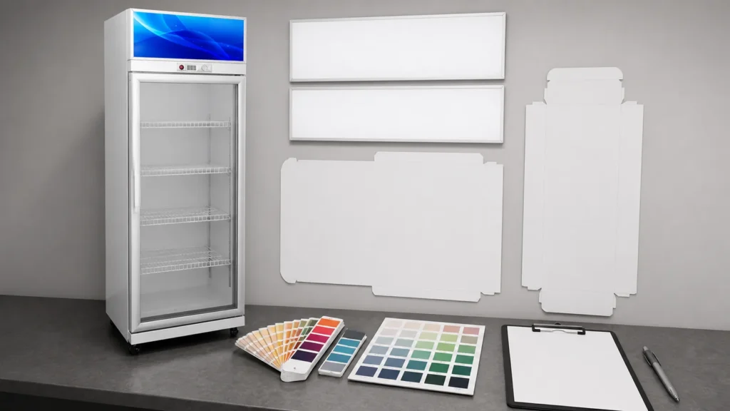 One-door glass beverage cooler with restrained custom side-panel artwork in a retail setting