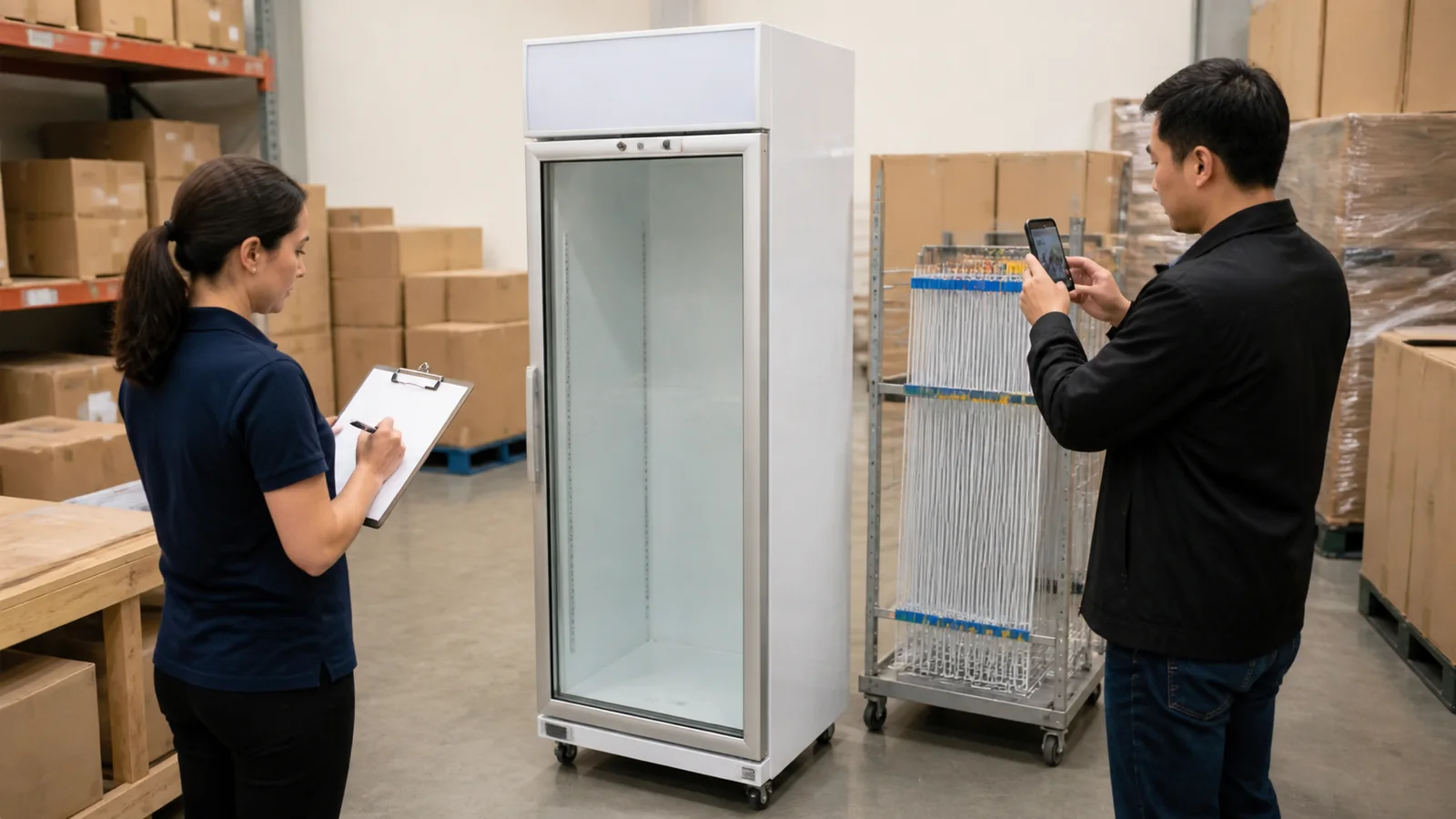 One door beverage cooler return inspection with removed shelves and blank checklist