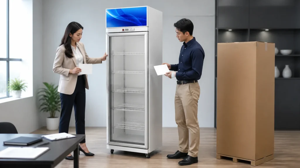 Dealer and distributor inspecting an empty one-door beverage cooler sample