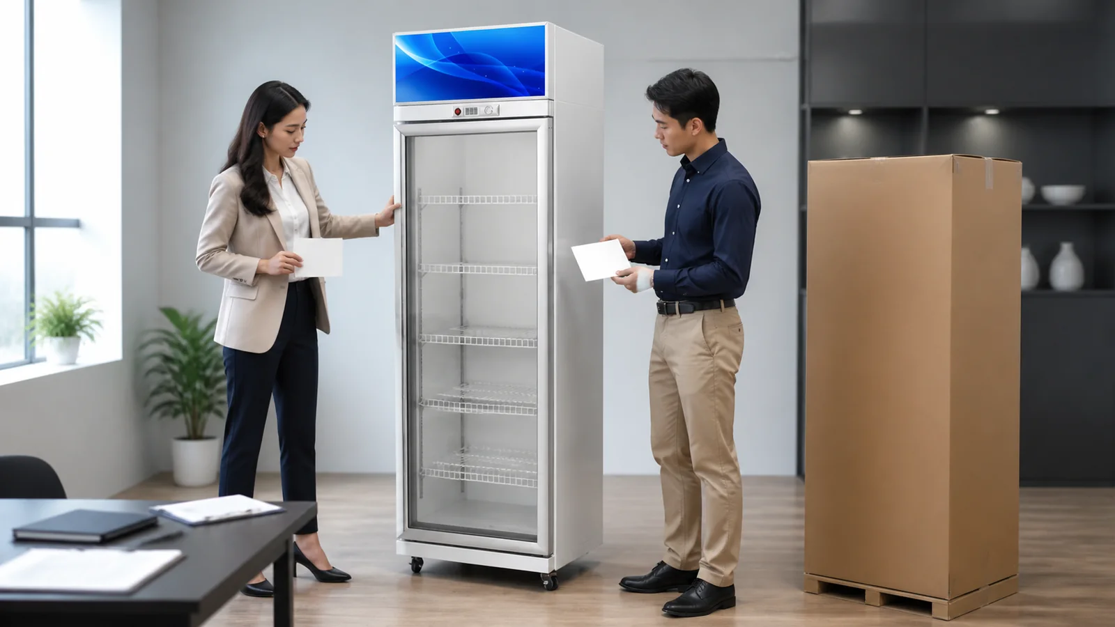 Dealer and distributor inspecting an empty one-door beverage cooler sample