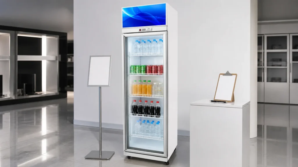 One-door beverage cooler prepared as a controlled dealer showroom demo unit
