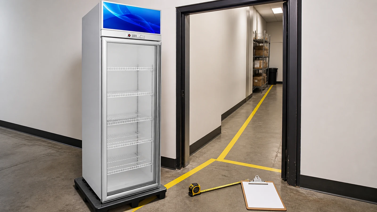One-door beverage cooler positioned beside a marked doorway delivery route