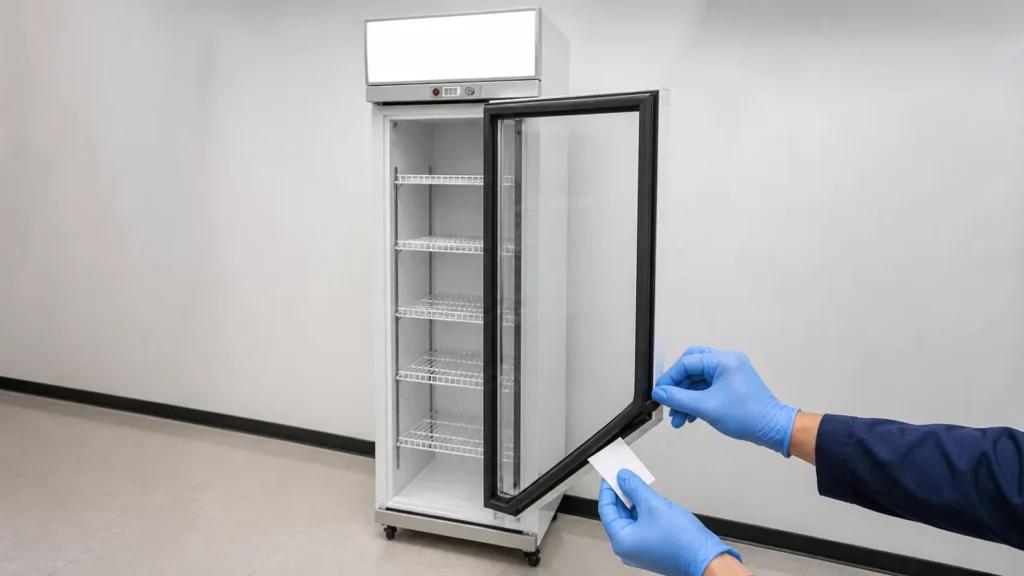 Gloved technician inspecting the lower gasket of a one-door glass beverage cooler