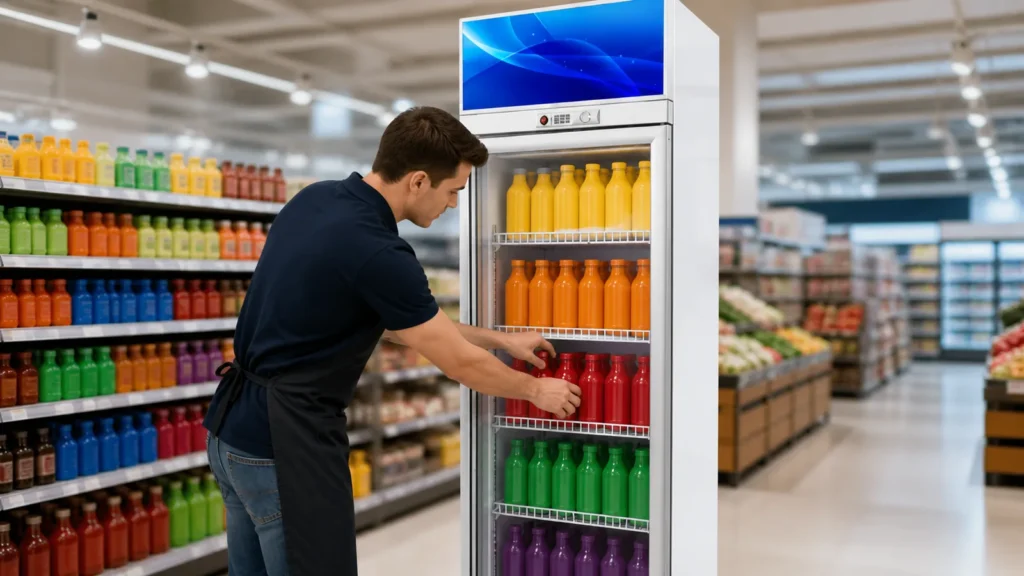 Shopper-path visibility review of blank colored bottles through a one-door beverage cooler