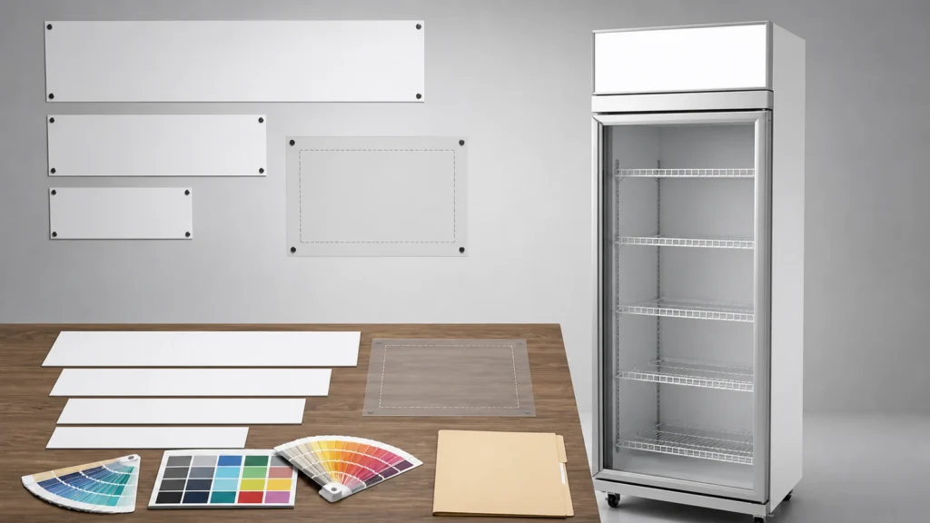 One-door beverage cooler beside blank light box artwork proofs and color samples