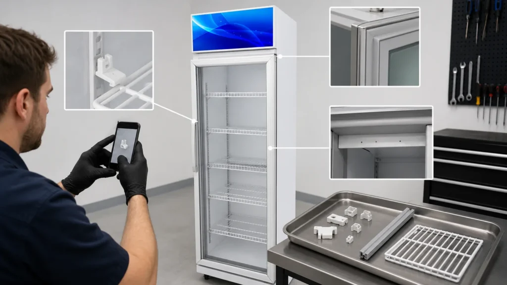 Technician photographing shelf clips and door details on a one-door beverage cooler