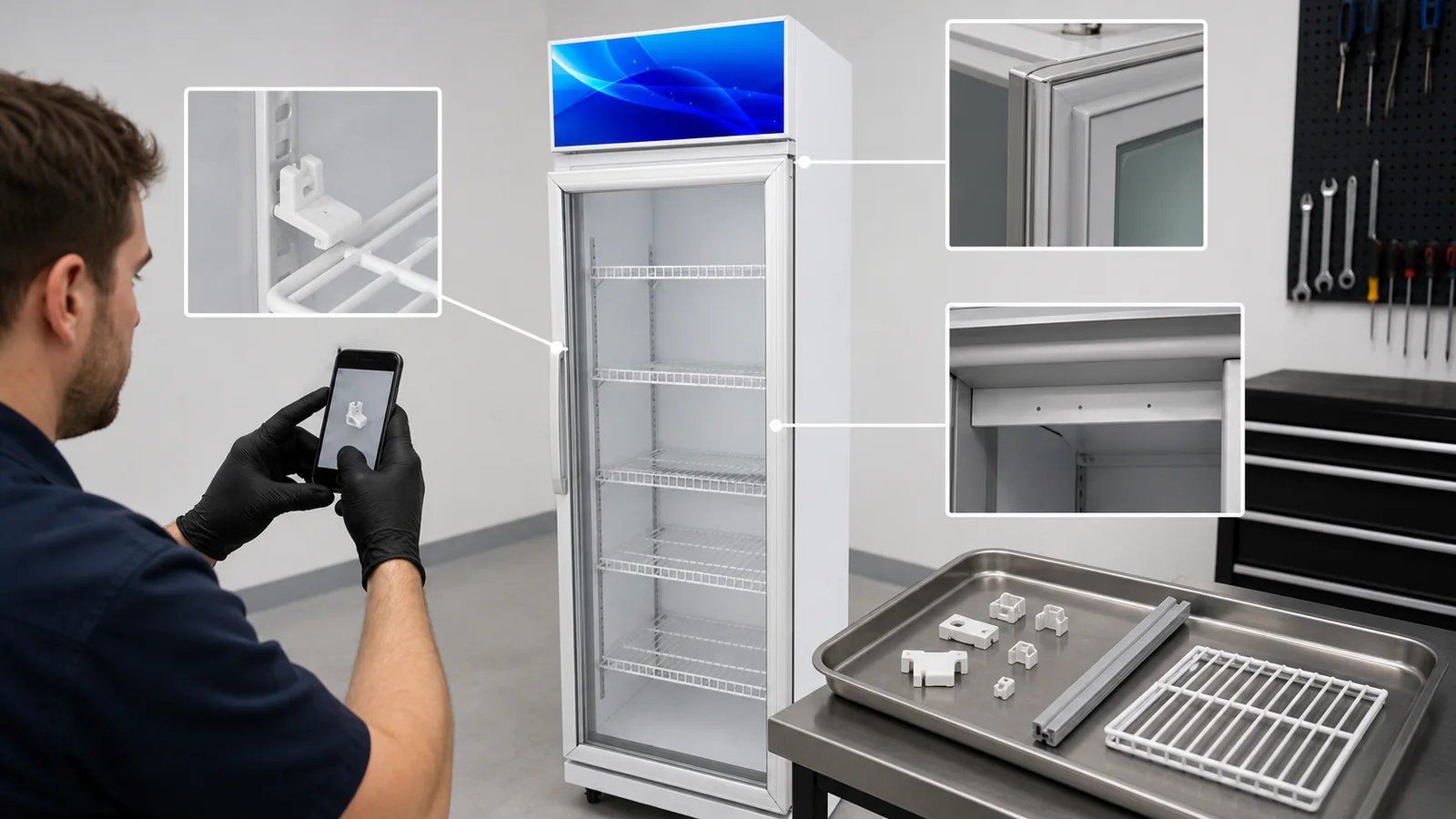 Technician photographing shelf clips and door details on a one-door beverage cooler