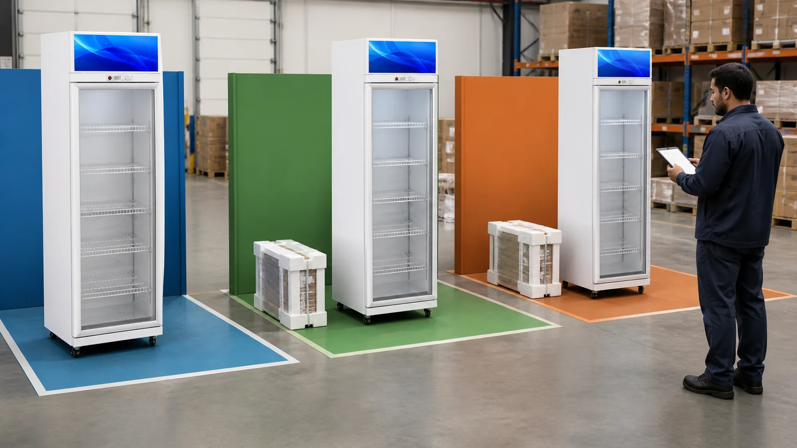 Three one door beverage coolers separated into color coded dealer staging lanes