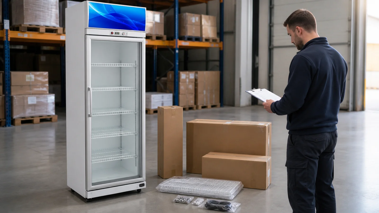 Receiver checking shelf packs and accessories beside a one-door beverage cooler
