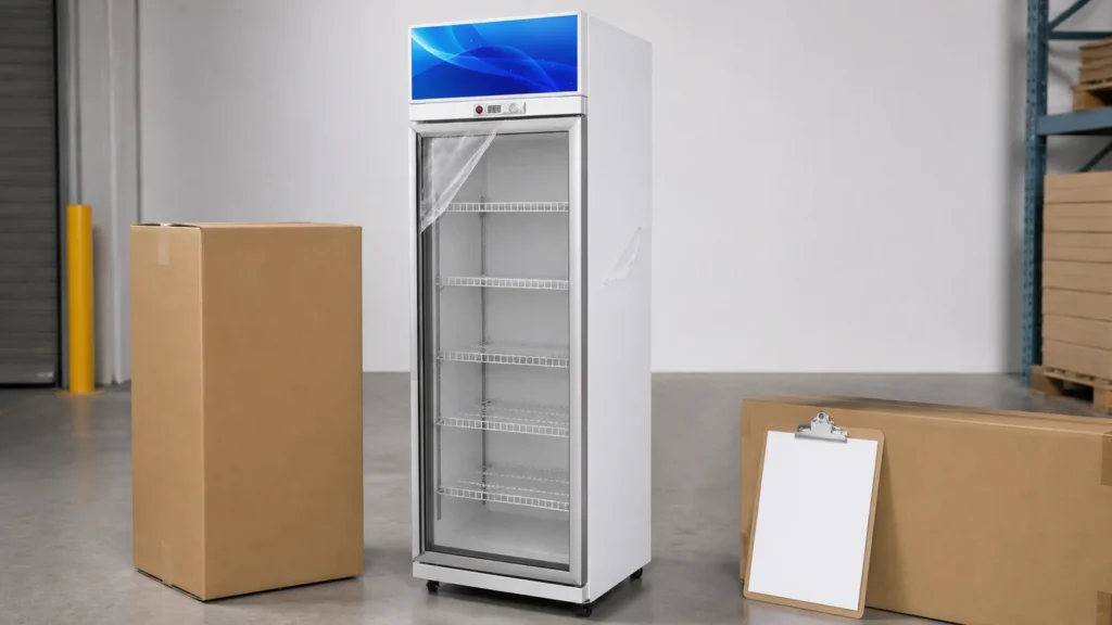 Protective film partially lifted from a one-door beverage cooler during inspection