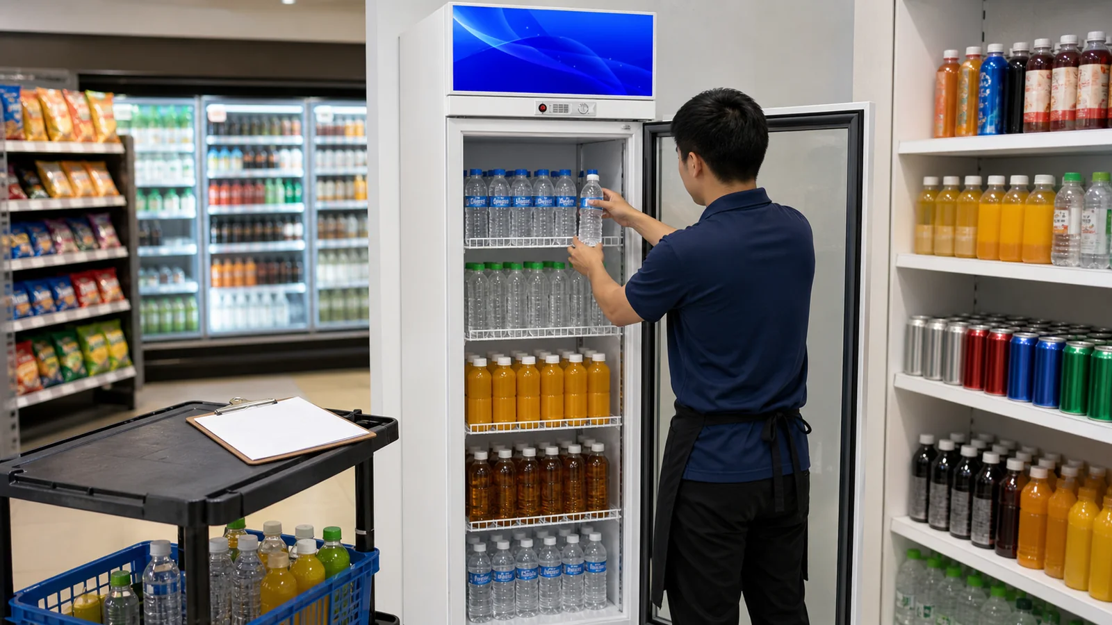 Store worker restocking a one-door glass beverage cooler from a shelf map