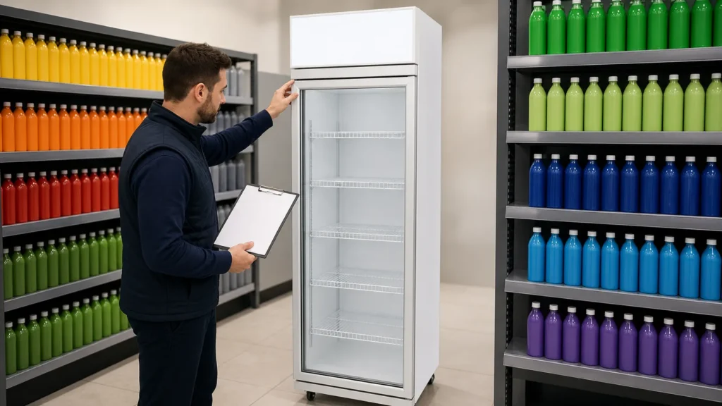 Auditor checking a one-door glass beverage cooler with a blank clipboard in a retail branch