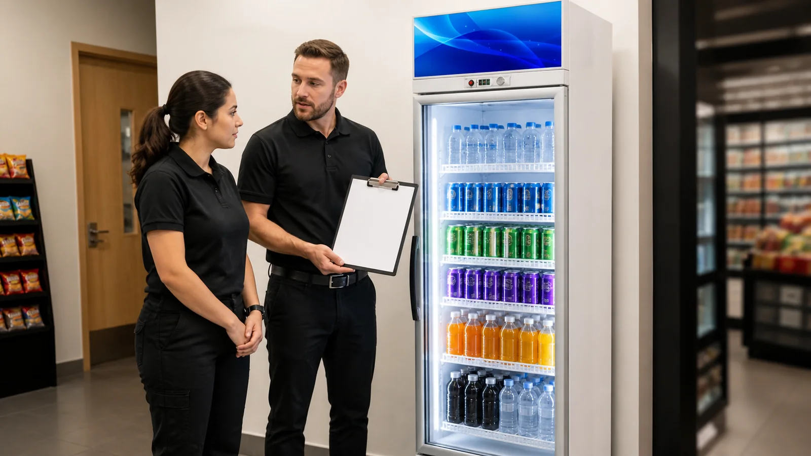 Store manager handing over a shelf map beside a one-door beverage cooler
