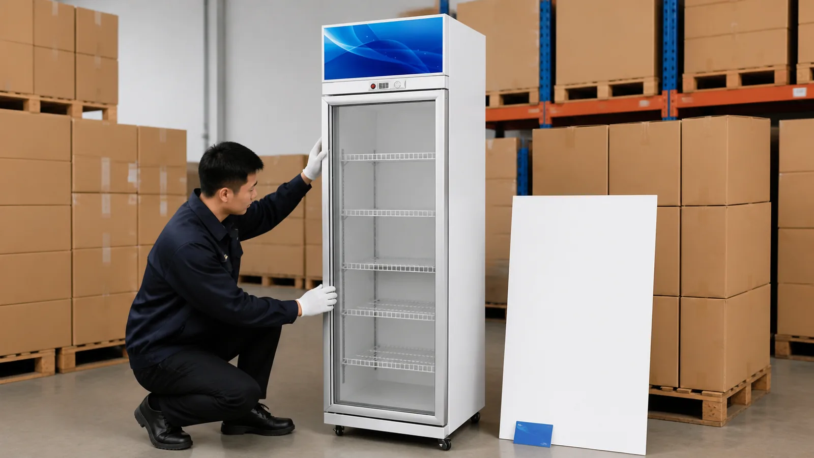 One-door glass beverage cooler checked against a blank dealer dispatch board