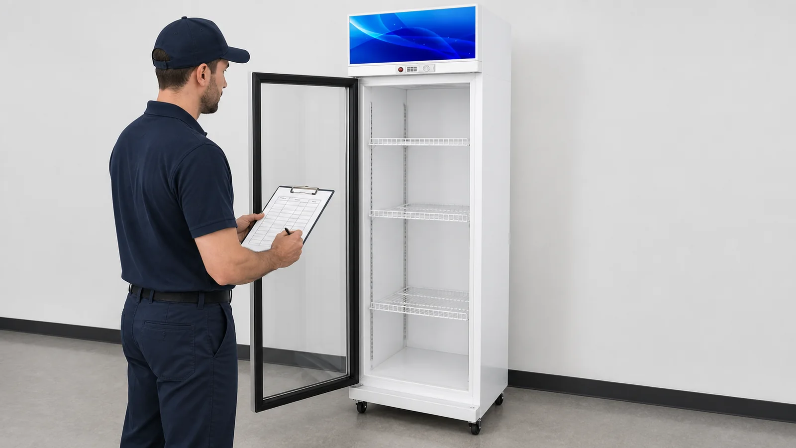 Technician recording adjustable shelf positions in a one-door beverage cooler