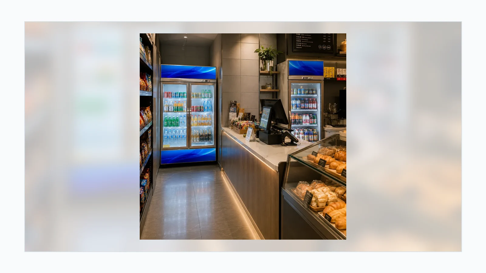 Beverage cooler shelf layout for bottled drinks and chilled products