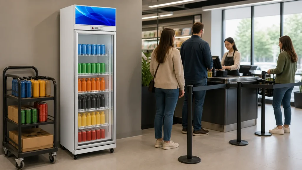 One-door glass beverage cooler positioned beside an orderly small-supermarket checkout queue