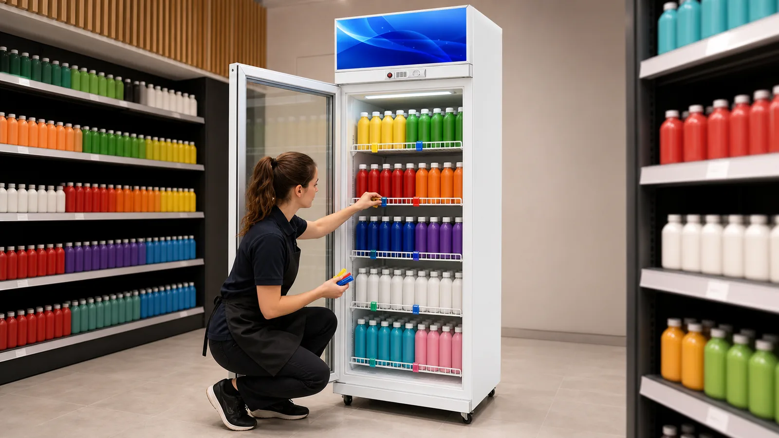 Blank bottles arranged in front and rear stock-rotation zones inside a one-door beverage cooler