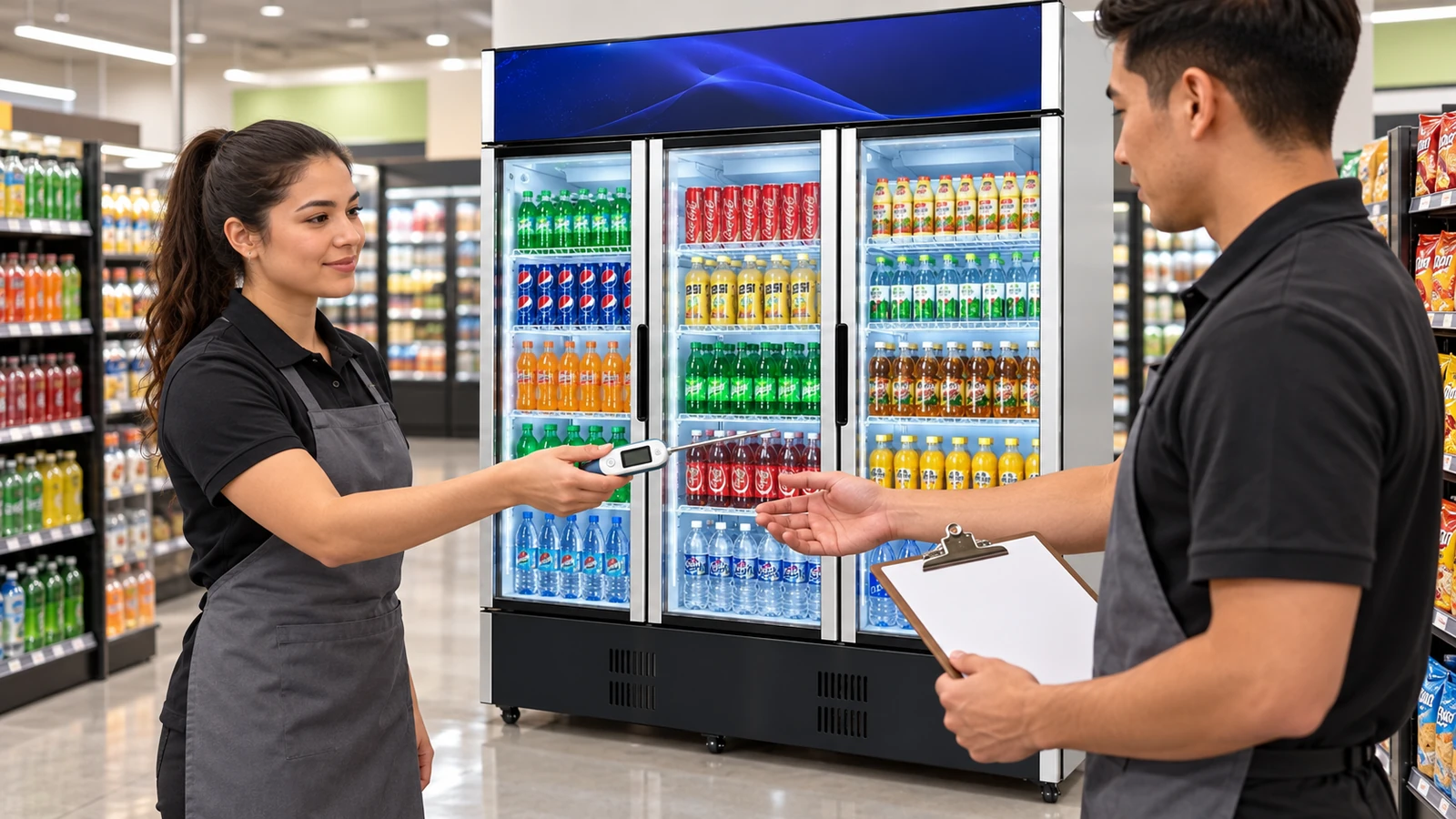 Retail staff handing over a thermometer and blank log beside a three-door beverage cooler