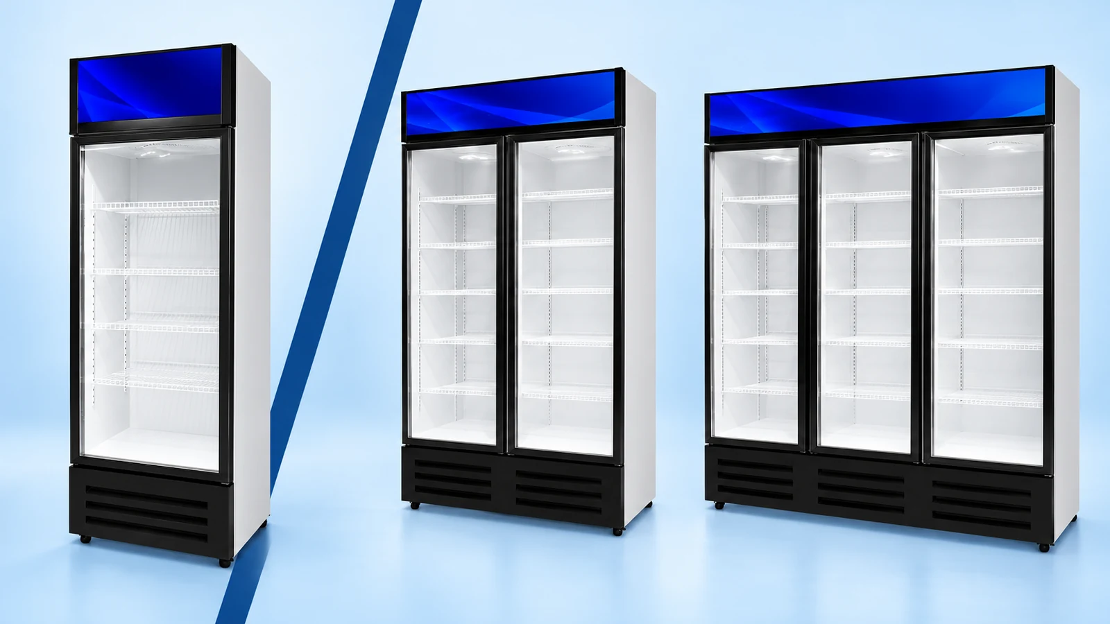 One-door, two-door, and three-door beverage coolers shown as exact model-family references