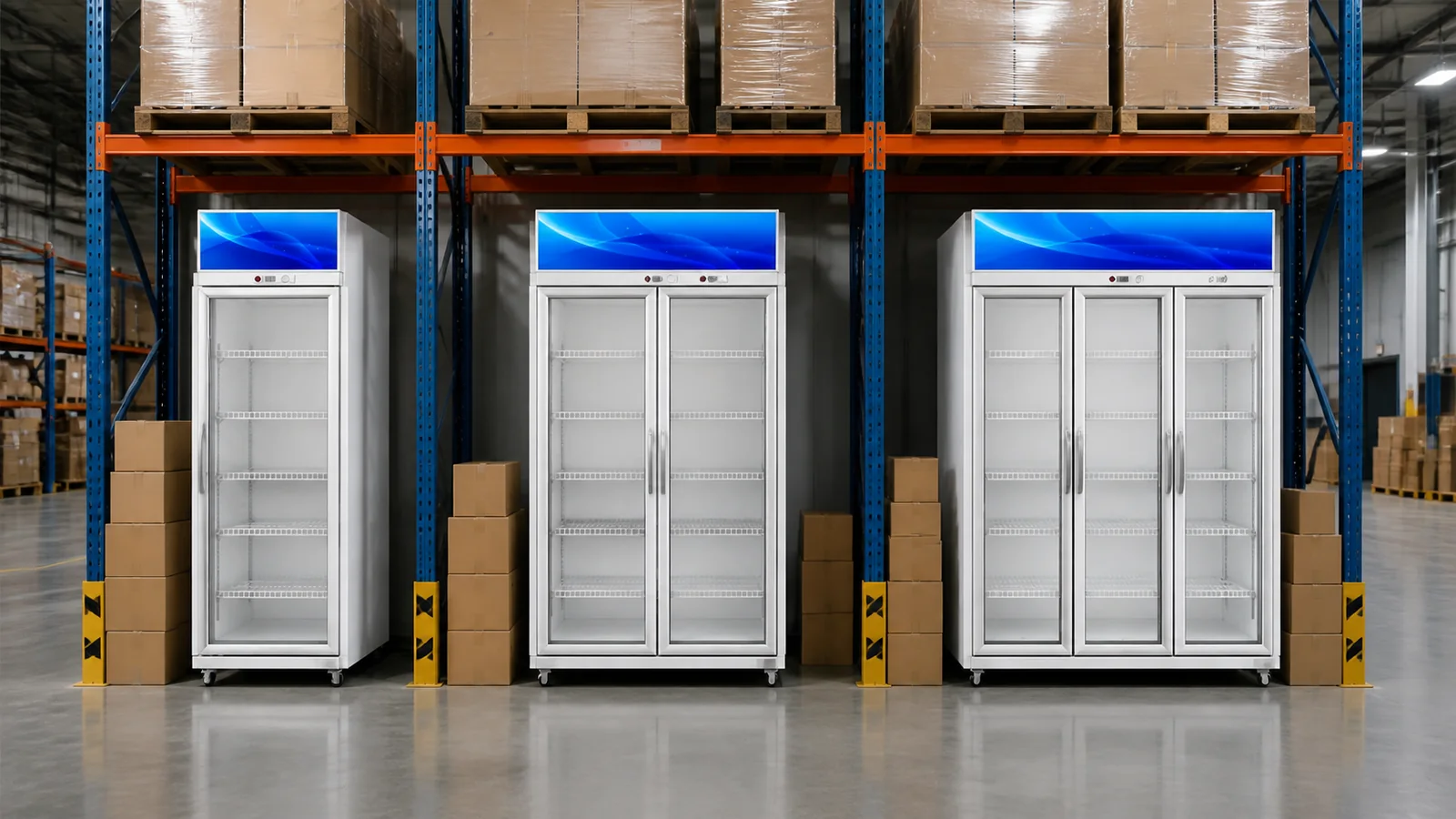 One-door two-door and three-door beverage coolers in separate warehouse slots