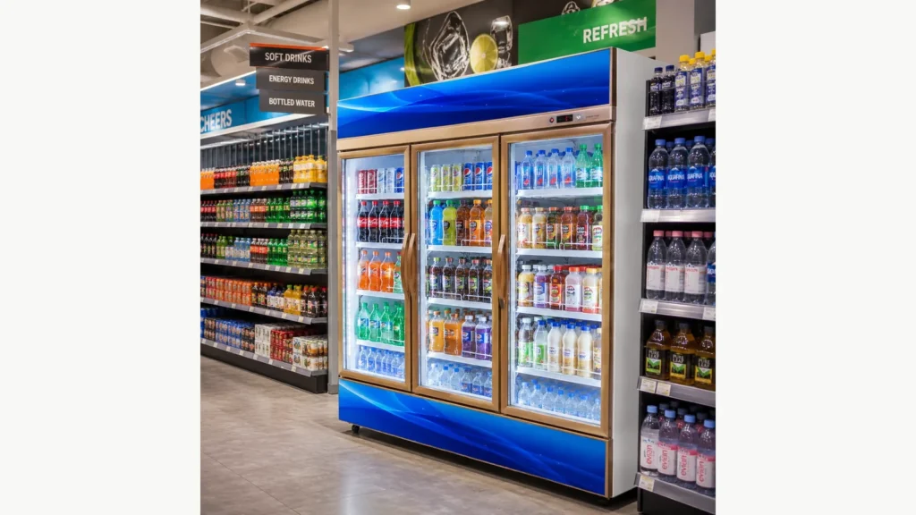Three-door beverage cooler stocked by package category in a retail drinks aisle
