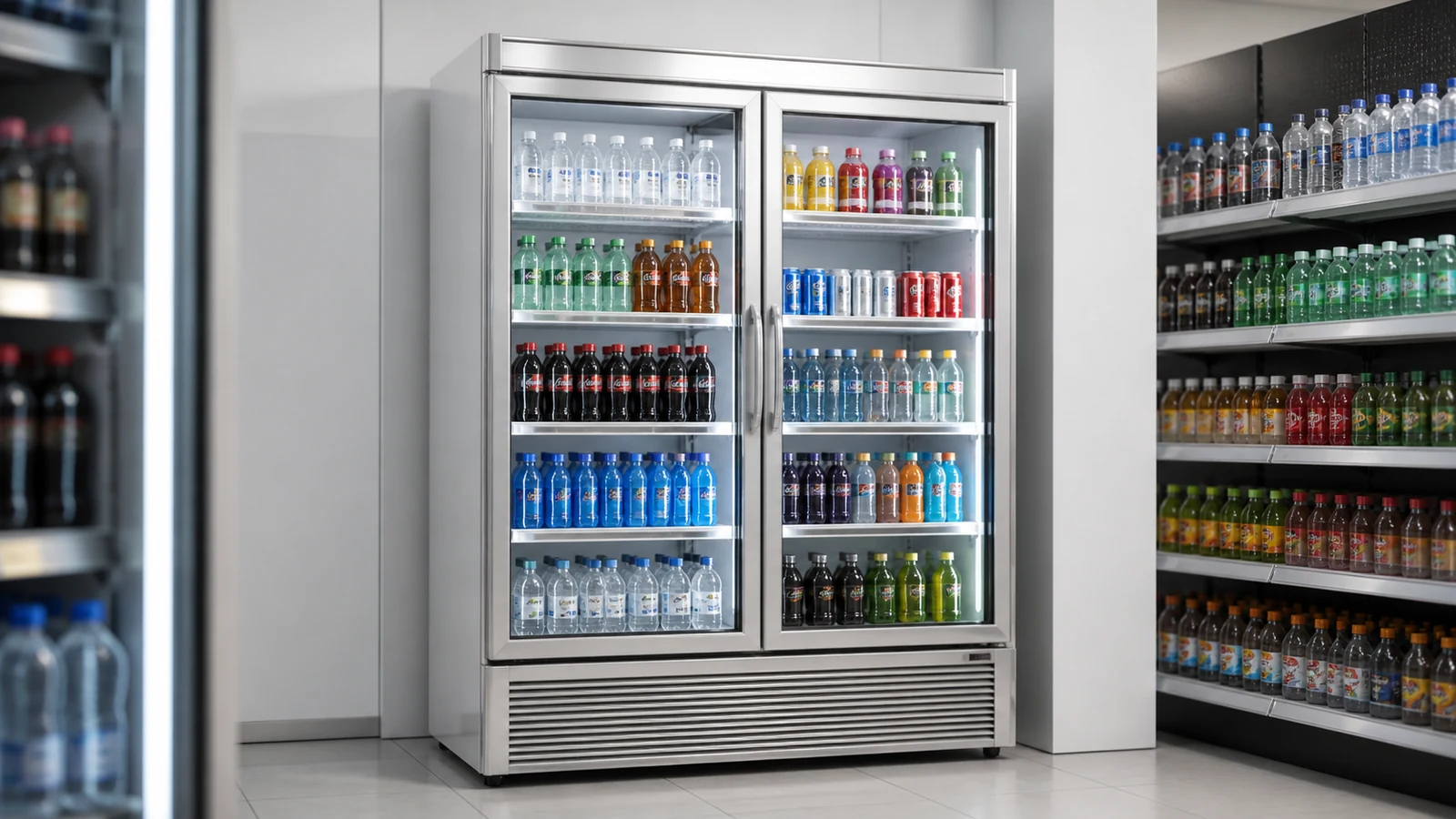 Bottom-mounted commercial beverage cooler with a visible lower ventilation grille