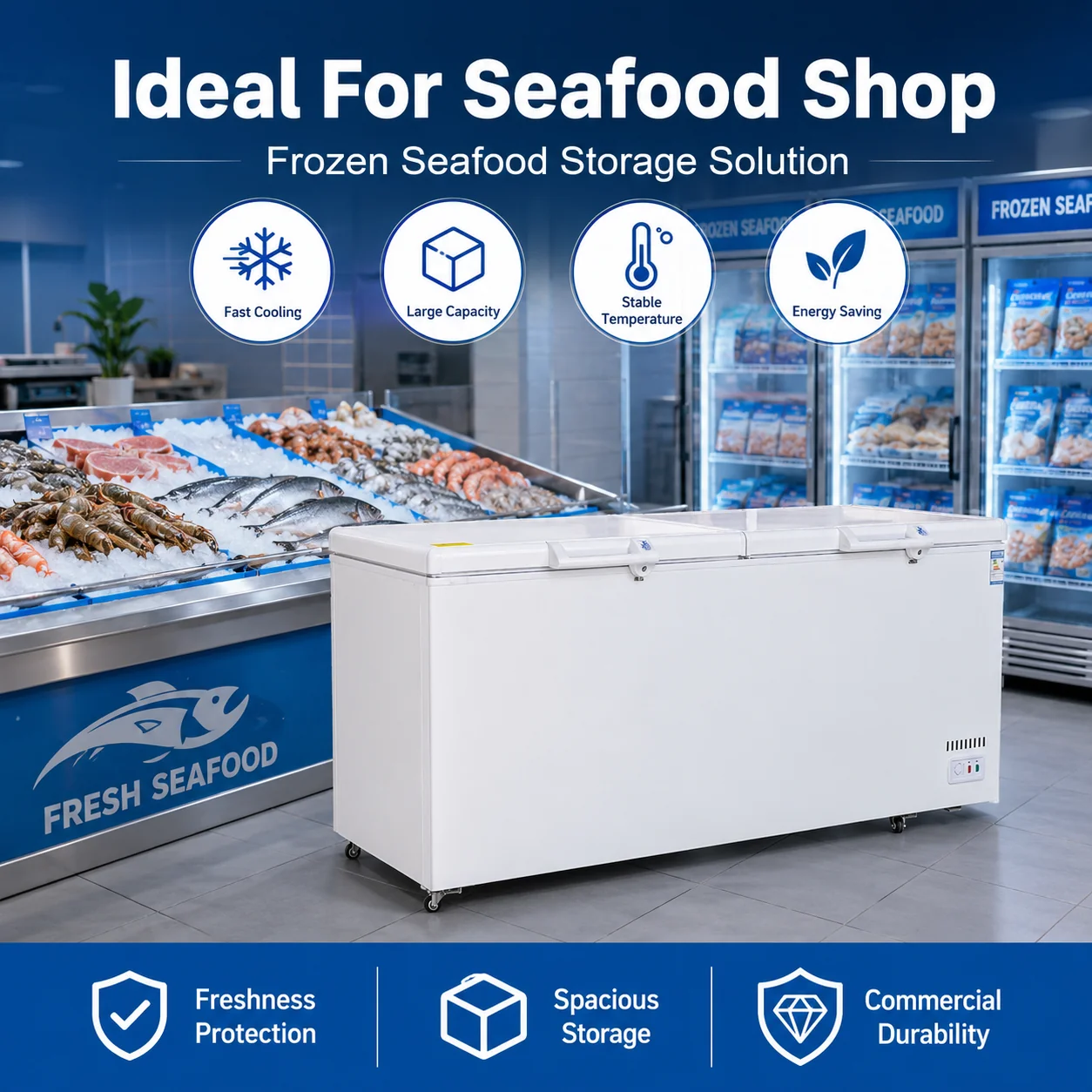 Commercial chest freezer for frozen food storage