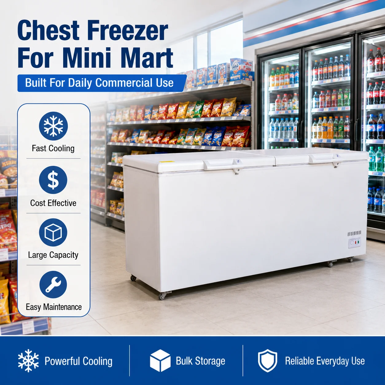 Commercial chest freezer for frozen food storage