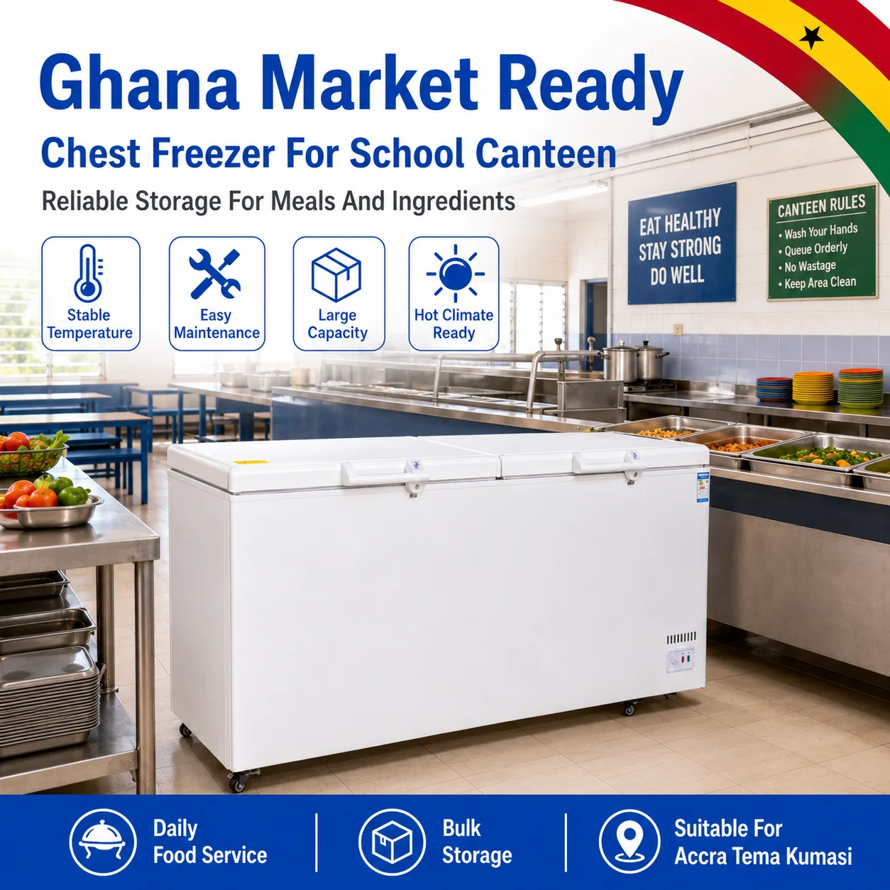 Commercial chest freezer for frozen food storage