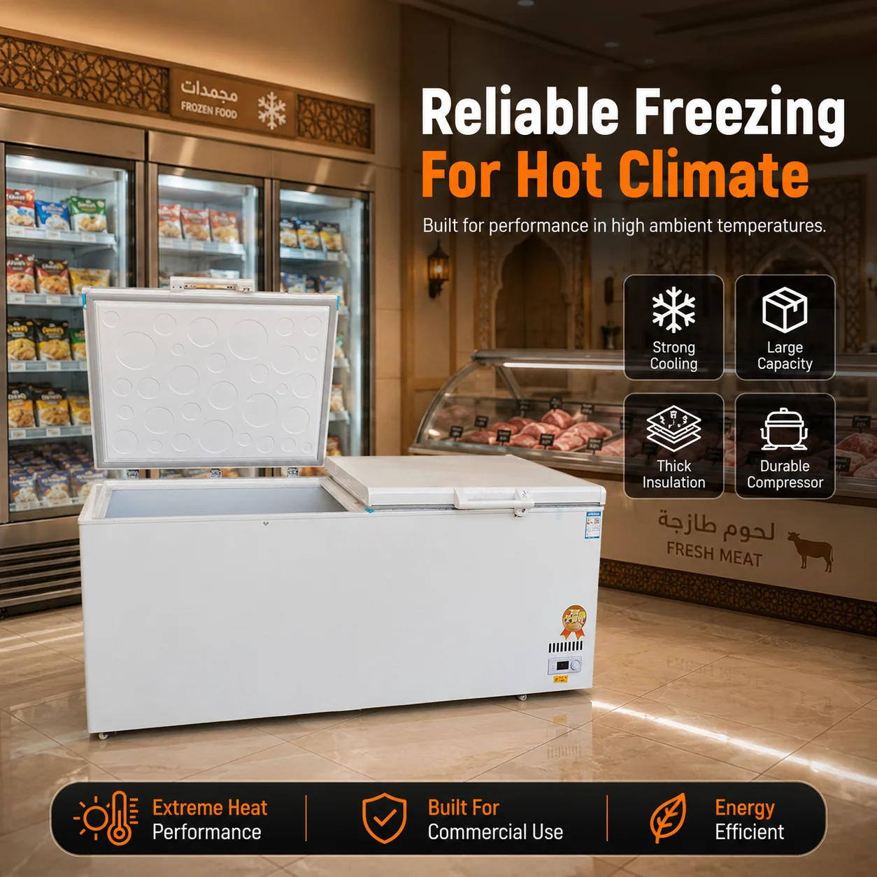 Commercial chest freezer for frozen food storage