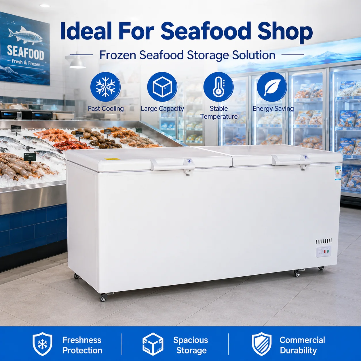 Commercial chest freezer for frozen food storage