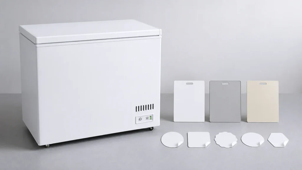 White commercial chest freezer beside body color and blank sticker samples