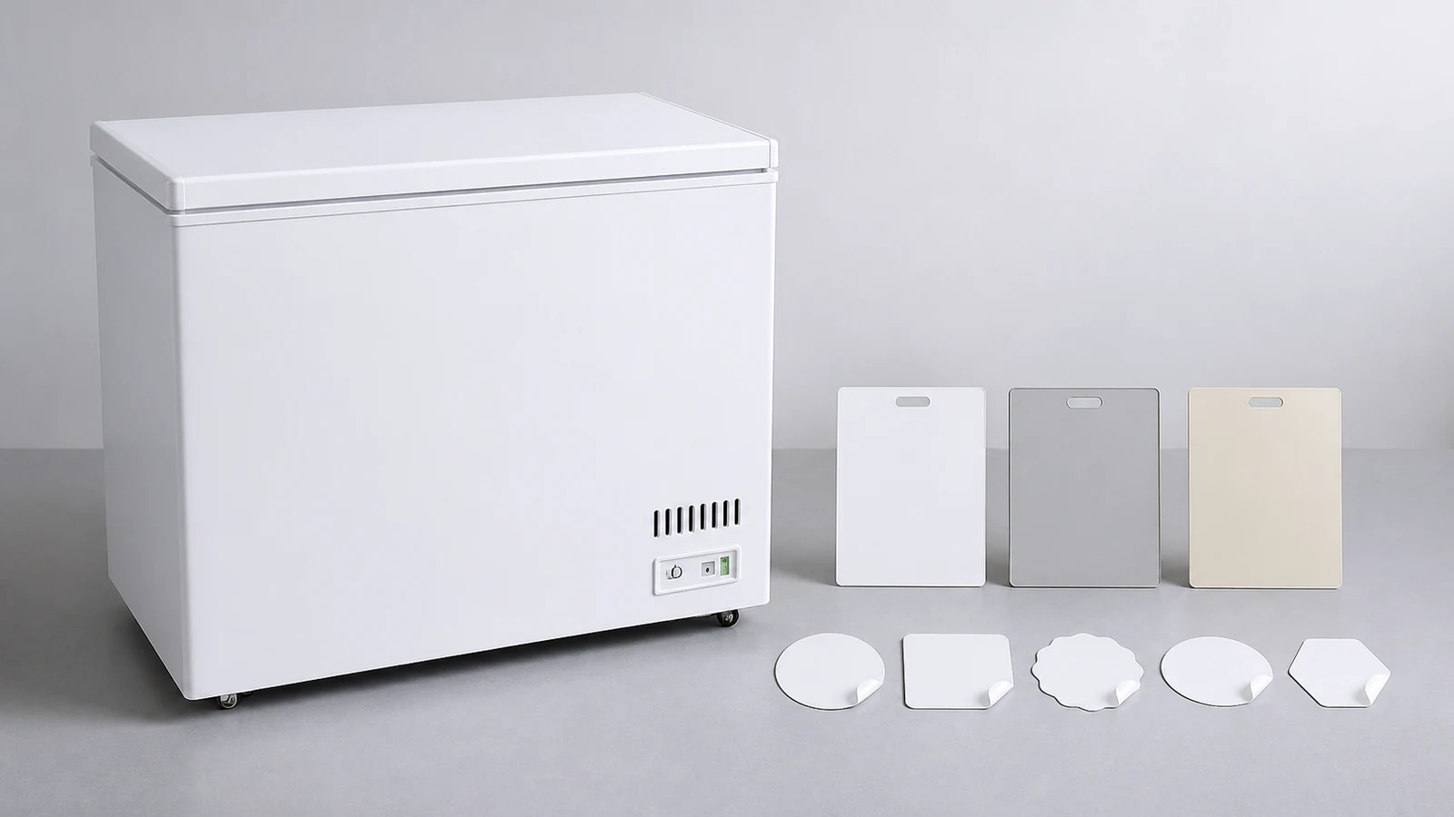 White commercial chest freezer beside body color and blank sticker samples