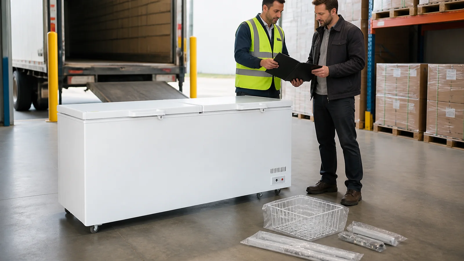 Trade buyer collecting a twin solid lid chest freezer from a warehouse