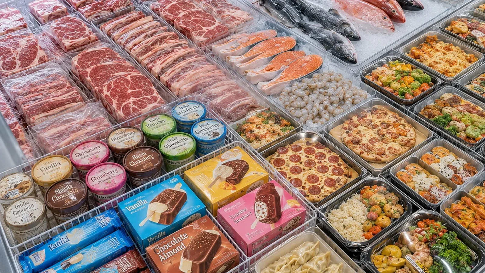 Commercial chest freezer in a frozen-food retail display used as a batch-identity reference