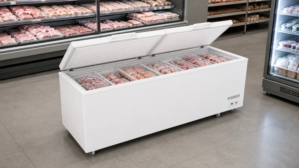 Long solid-lid chest freezer with organized frozen meat packages in removable baskets