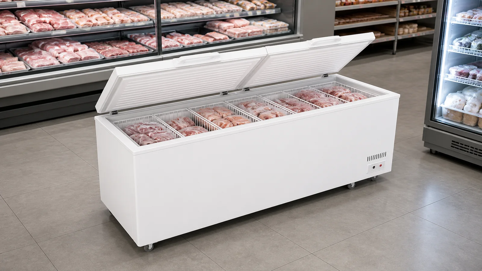 Long solid-lid chest freezer with organized frozen meat packages in removable baskets