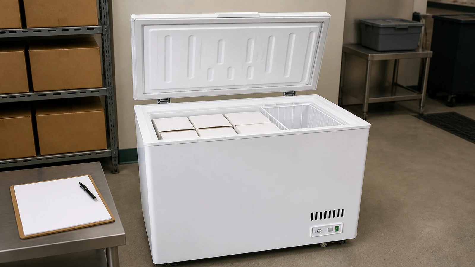 Open commercial chest freezer with packages below the rim for lid closure checks