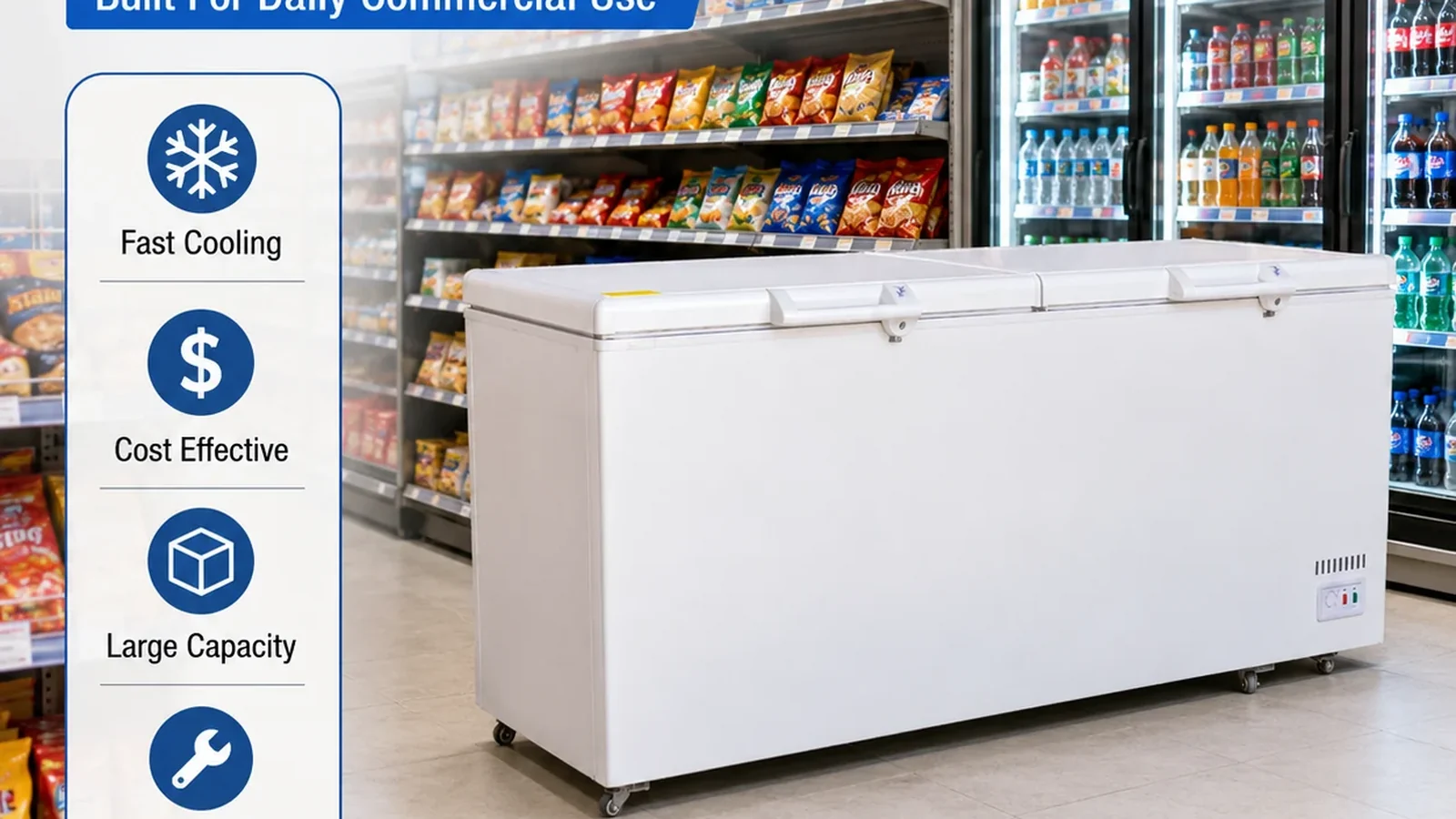 Current solid-lid chest freezer gallery reference in a mini-mart setting